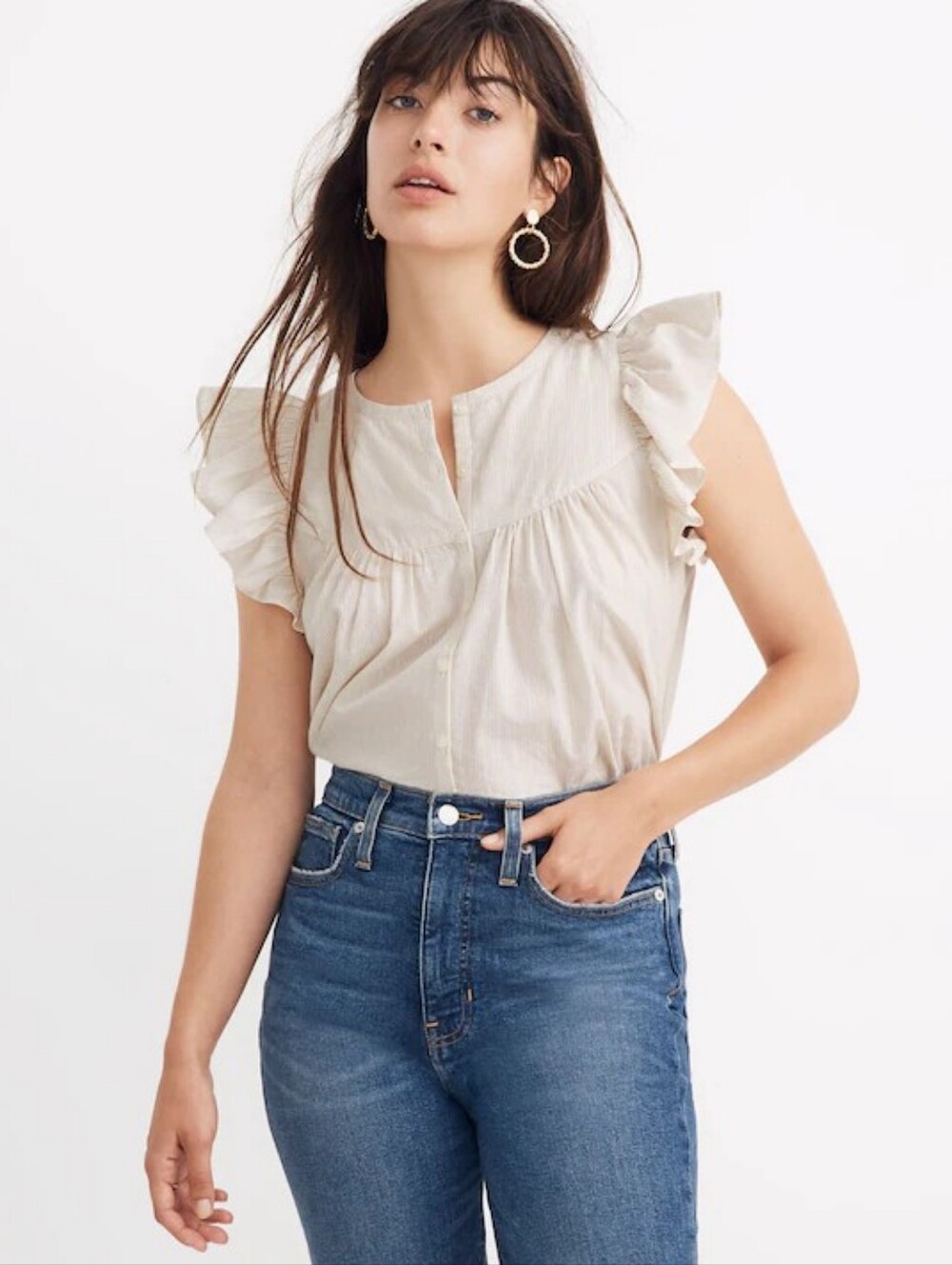 Madewell Ruffle-Sleeve Bib Top in Delicate Metallic Rainbow Stripe - Size M